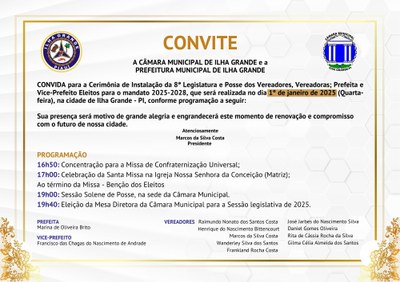 CONVITE ESPECIAL: Cerimônia de Instalação da 8ª Legislatura e Posse dos Eleitos